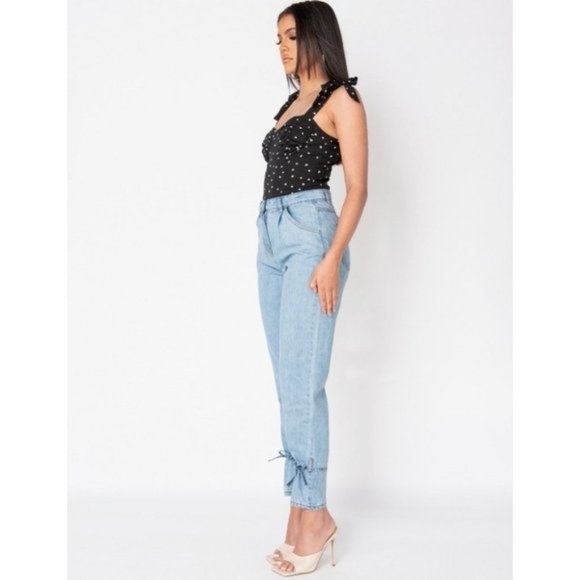Blue High Waist Tie Detail Straight Leg Jeans Denim Pants - Picture 4 of 17